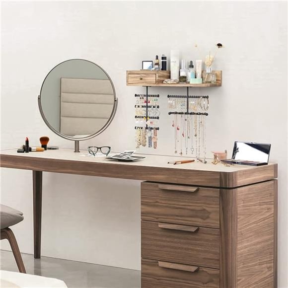 Jewelry Organizer Hanging Wall Mounted Jewelry Holder with Rustic Wood Drawer - Picture 4 of 6